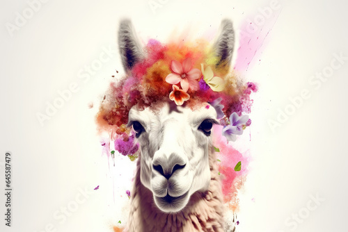 Image of a llama surrounded by colorful tropical flowers. Wildlife Animals. Illustration, Generative AI.