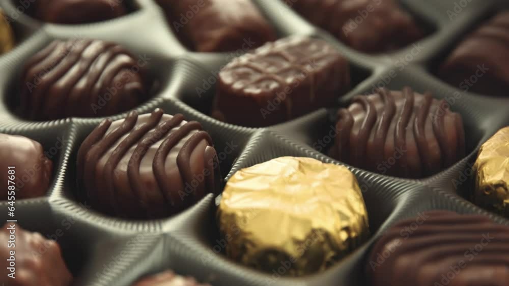 A box of chocolates pralines mix with smooth rotation motion close up view A box of chocolates pralines mix with smooth rotation motion close up view