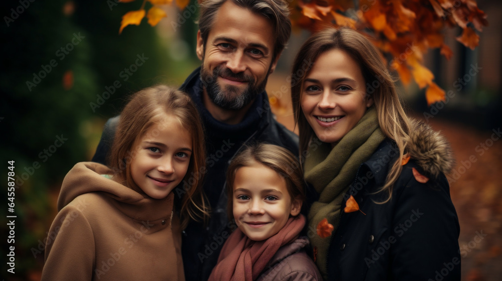 Portrait of a happy family in autumn park. They are looking at camera and smiling.