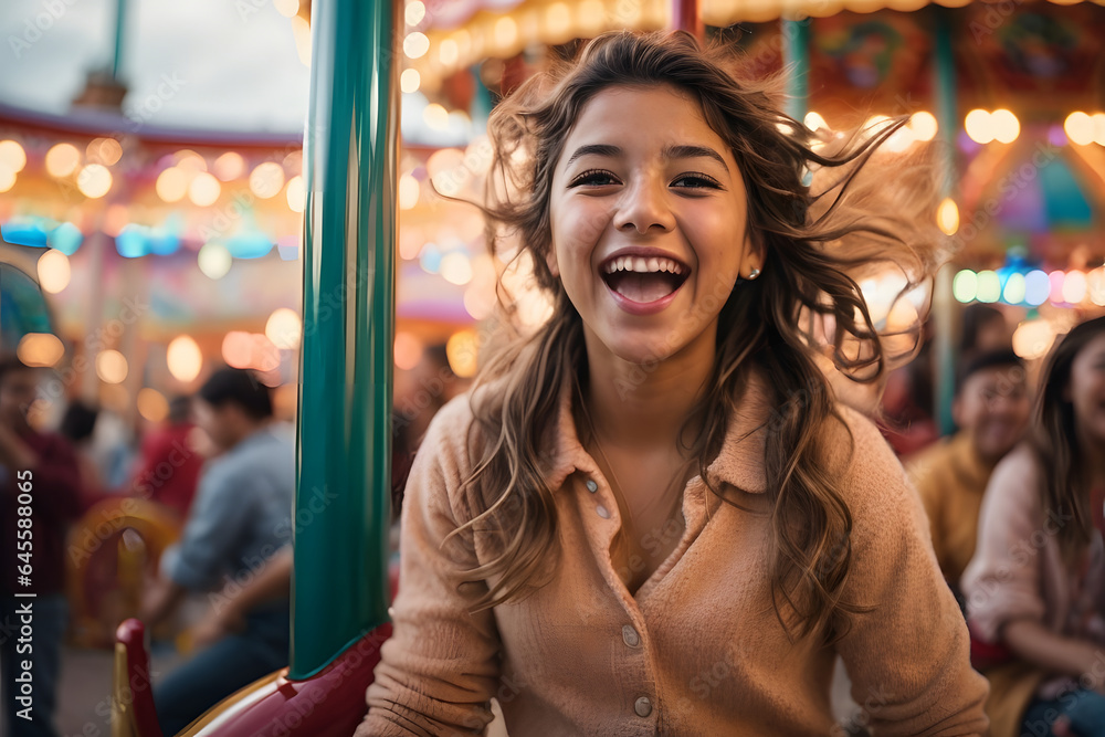 A happy young girl expressing excitement while on a colorful carousel. Image created using artificial intelligence. A happy young girl expressing excitement while on a colorful carousel. Image created using artificial intelligence.