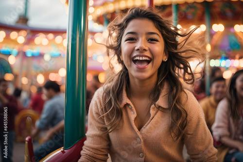 A happy young girl expressing excitement while on a colorful carousel. Image created using artificial intelligence.