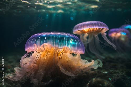 jellyfish with iridiscent glow, sun rays piercing through the sea water, at the bottom of the sea. Image created using artificial intelligence.