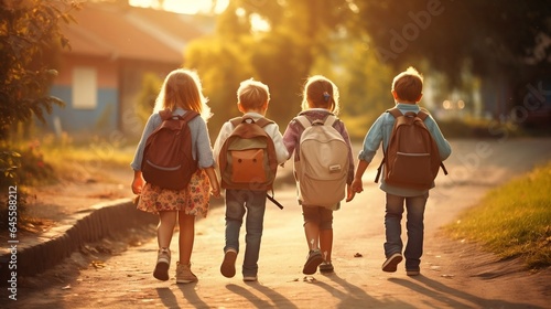 Group of young children walking together in friendship, embodying the back-to-school concept on their first day of school, generative ai