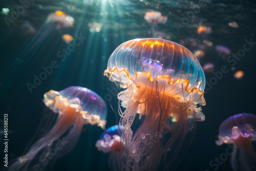 jellyfish with iridiscent glow, sun rays piercing through the sea water, at the bottom of the sea. Image created using artificial intelligence.