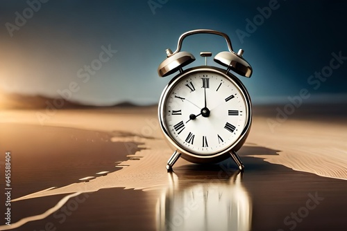 Alarm clock on brown background flat lay