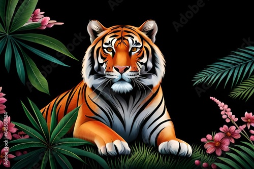 a painting of a tiger surrounded by leaves and flowers on a black background