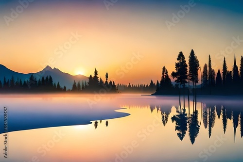 Sunset and silhouettes of trees in the mountains vector flat illustration