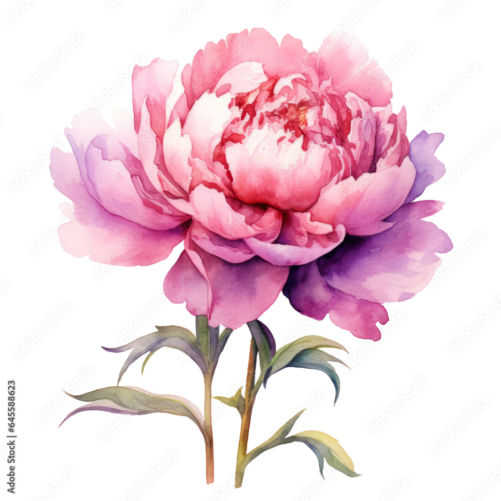 Pink peony flower watercolor clipart on transparent background. Generative AI illustration