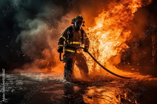 911 - firefighter while extinguishing a fire. Brave people doing dangerous work.