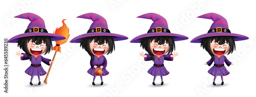 Halloween witch characters vector set design. Witch character in cute, scary, spooky and creepy sorcerer mascot collection for kids costume party celebration. Vector illustration witch girl collection