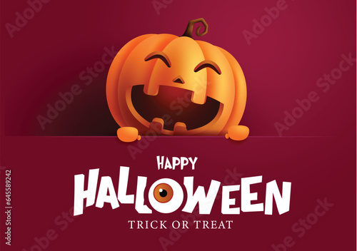 Happy halloween text vector template design. Halloween trick or treat with pumpkin lantern elements for kids party invitation card background.  Vector illustration horror card party template.
