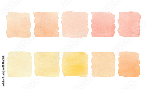 A set of watercolor multicolored spots in light pastel yellow and orange shades isolated on a white background, hand-drawn. The texture of watercolor on paper. Elements for design and decoration.