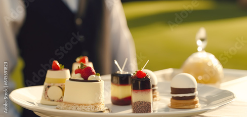 Luxury food service, desserts by a waiter at a wedding celebration or formal event in classic English style at luxurious hotel or country estate, generative ai