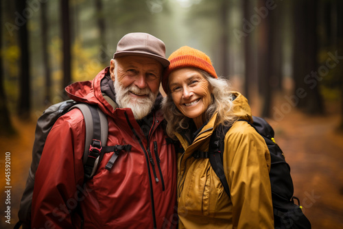 Romantic and elderly healthy lifestyle concept. Senior cheerful active smiling mature couple hiking with backpacks  look happy in the park in afternoon autumn sunlight day time  happily retired
