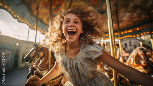 A happy young girl expressing excitement while on a colorful carousel, merry-go-round. photo