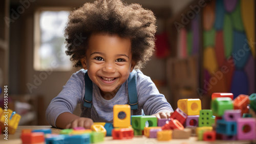 a young African American toddler playing with colorful wooden block toys.generative ai