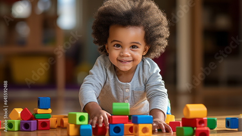 a young African American toddler playing with colorful wooden block toys.generative ai