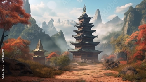 A photograph of a Buddhist temple's pagoda rising up out of the mountain landscape. Generative AI
