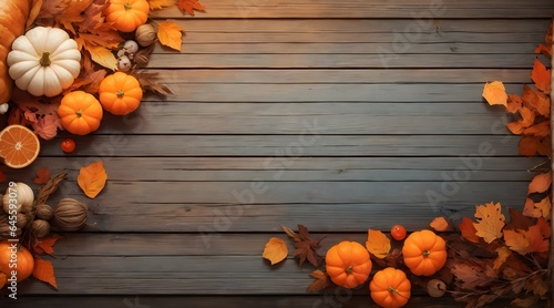 Happy thanksgiving background design with pumpkins and fall leaves on wooden table, banner with copy space text 