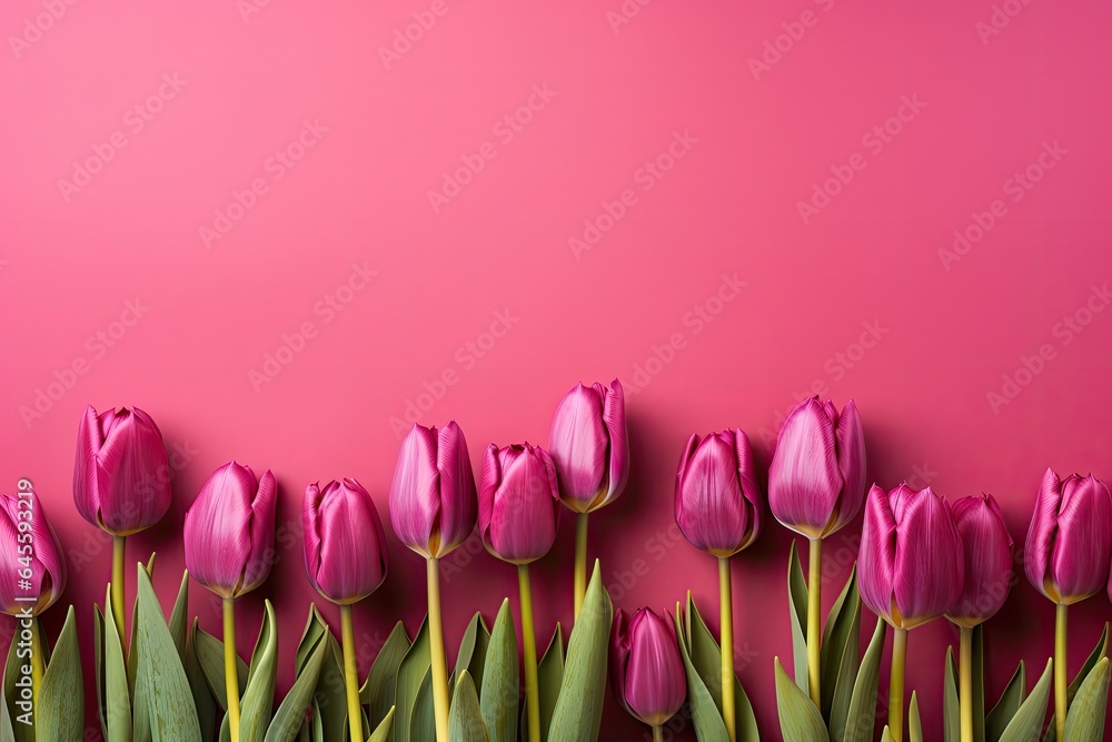 Fototapeta premium tulips on pink background, copy space