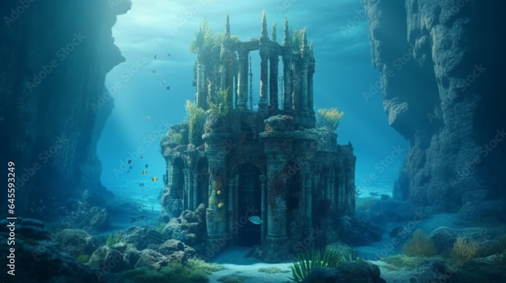 Old ruin castle under the sea. Atlantis theme concept. Generative AI