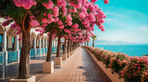 Beautiful resort promenade with blooming colorful oleanders against a backdrop of the Mediterranean Sea and blue sky Generative Ai