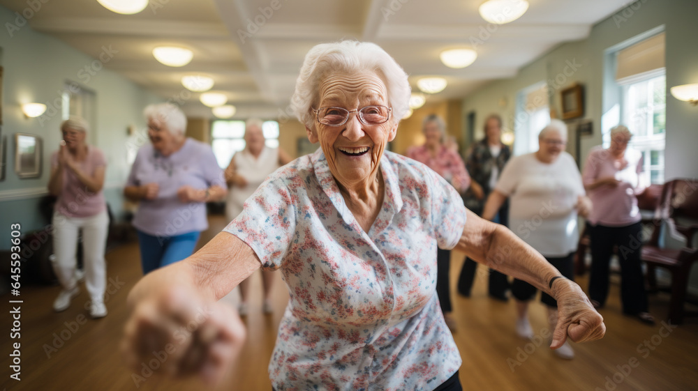 Elderly women doing exercise in the nursing home, senior movement and recreation, never too old for working out. - obrazy, fototapety, plakaty 