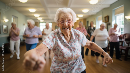 Elderly women doing exercise in the nursing home, senior movement and recreation, never too old for working out. photo