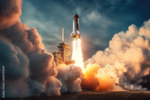 rocket launch, with plumes of smoke and fire as a spacecraft embarks on a mission