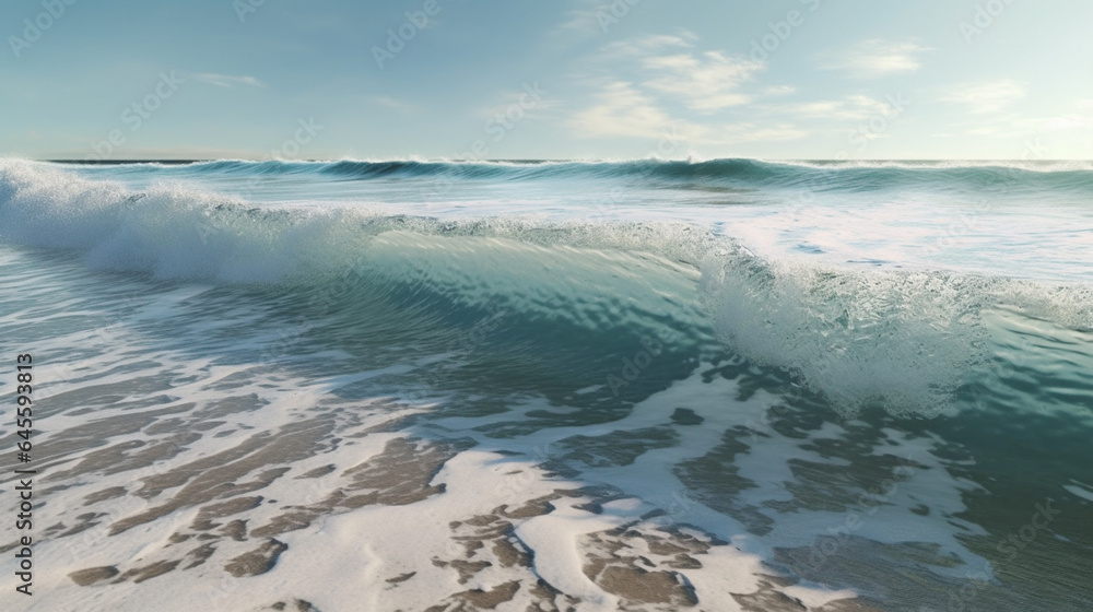 Soft blue ocean wave on clean sandy beach. Generative AI