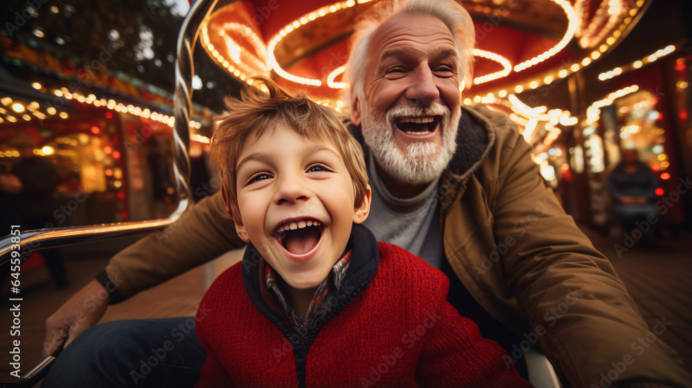 Grandfather and grandson smiling and having fun while driving in bumper car in amusement park.