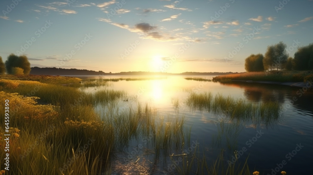 sunset at coast of the lake. Nature landscape. Generative AI