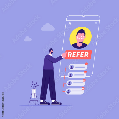 Refer a friend concept. Businessman with a smartphone and contacts of friends. Earnings on an affiliate or referral program