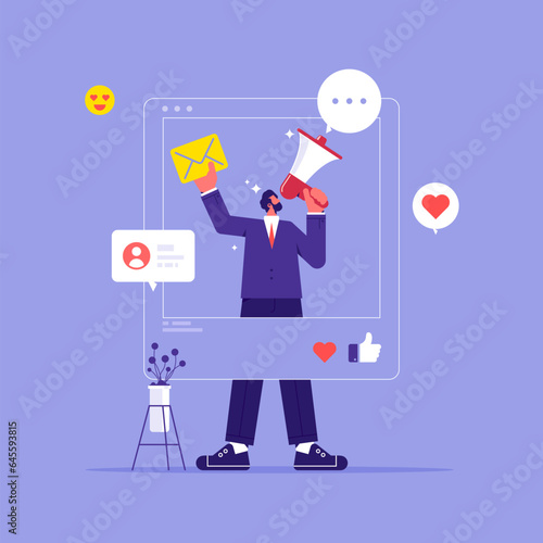 Social influencer and influencer marketing concept, man shouting in loud speaker with social media icons, influencer social media marketing or  promotion