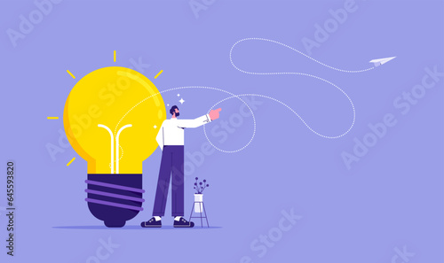 Startup business idea concept, paper plane flying up connected with light bulb