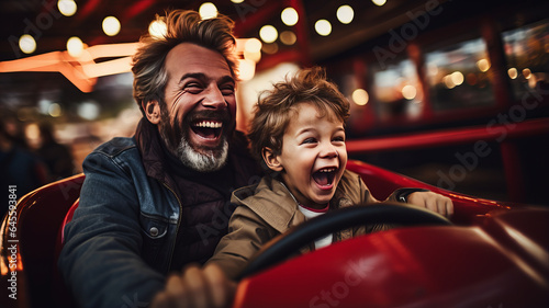 Grandfather and grandson smiling and having fun while driving in bumper car in amusement park. photo