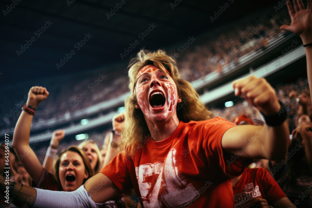 passionate NFL fan base, female, with fans decked out in team colors, cheering loudly in a packed stadium during a crucial game passionate NFL fan base, female, with fans decked out in team colors, cheering loudly in a packed stadium during a crucial game