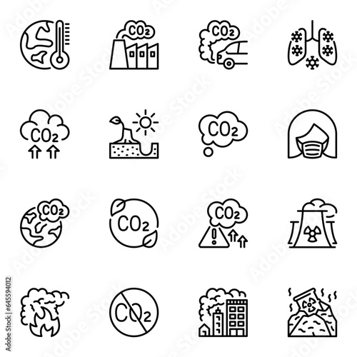 Air pollution line icons set. global, warming, gas, pollution, problem, atmosphere, environmental, mask, smoke, carbon, factory, disease, outline, earth, protection, fire, dust, graphic