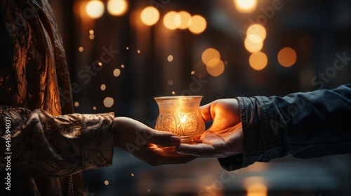 Two hands holding a lamp in isolated background 