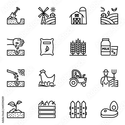 Set of Farming and Agriculture Line Icons. ranch, stroke, livestock, land, outline, farming, machine, farmland, growth, graphic, grow, windmill, grain, agricultural