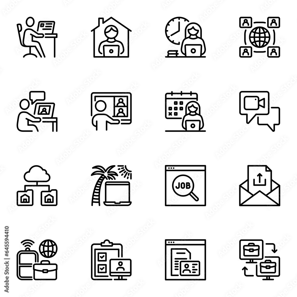 Remote working line icons set. schedule, coworking, documents, collaboration, monitor, workspace, conference, remote, desktop, stroke, teamwork, meeting, workplace, employee