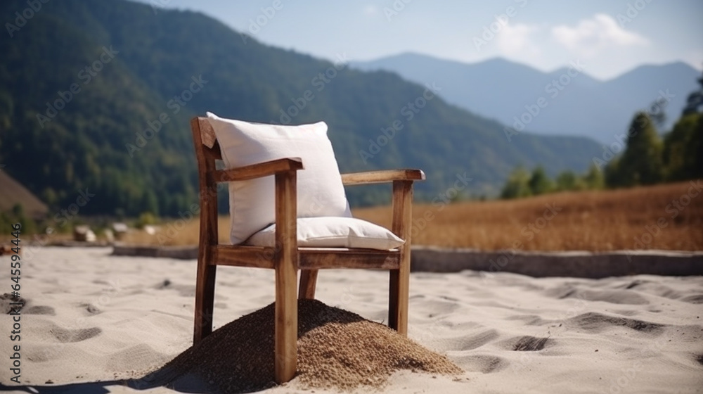 Wooden chair with white pillow placed on sandy ground against mountains. Generative AI