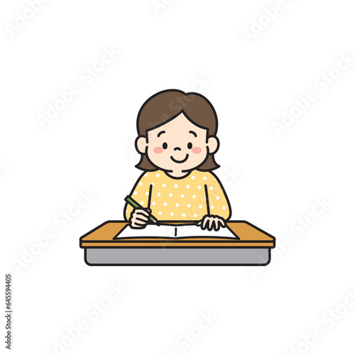 机の上で集中して勉強をする女の子のイラスト