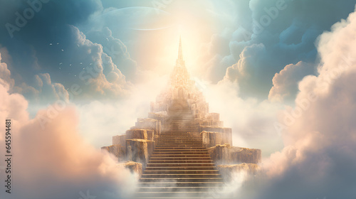 Stairway through the clouds to the heavenly light. Stairway to heaven. Copyspace. Generative Ai