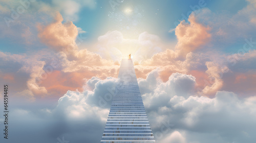 Stairway through the clouds to the heavenly light. Stairway to heaven. Copyspace. Generative AI