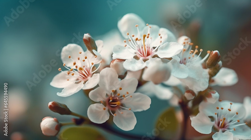Small white flowers on a toned on gentle soft blue and pink background. Generative AI