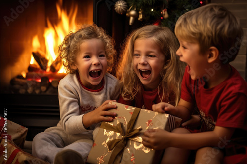 Heartwarming moment during Christmas morning  with children eagerly unwrapping presents by the fireplace  their faces filled with joy and wonder as they discover what Santa Claus has brought them