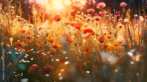 Wildflowers in sunset light Blooming spring Generative Ai 