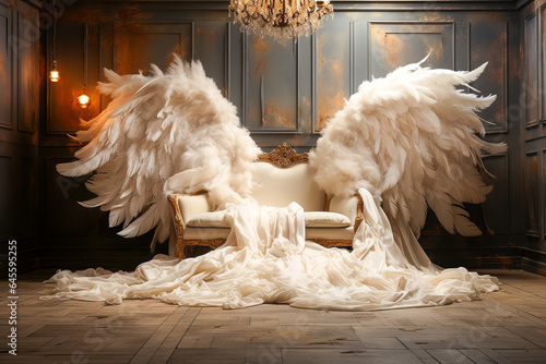 Giant white angel wings in front of a white couch
