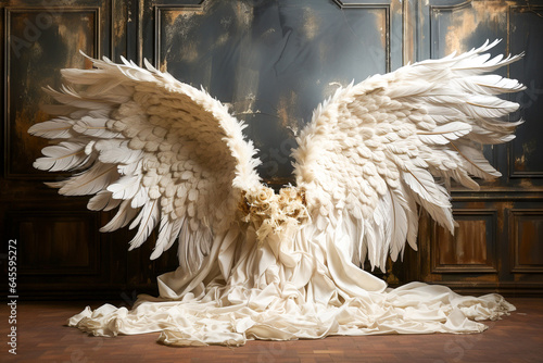 Close up of giant white angel wings with real feathers as a background